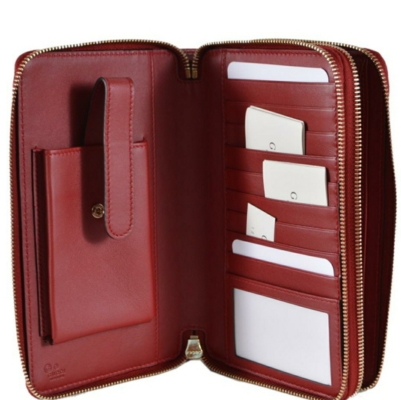 RED LEATHER GG ,GUCCISSIMA DOUBLE ZIP TRAVEL WALL - Picture 2 of 4
